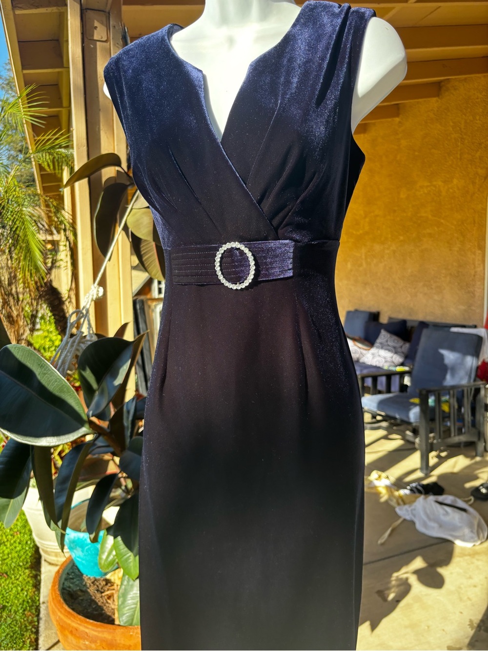 connected apparel Navy Blue Velvet Midi Dress with Rhinestone Buckle